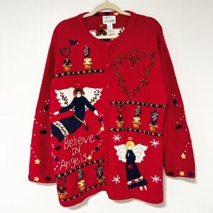 The Quaker Factory Red Believe In Angels Ugly Christmas Sweater Cardigan‎ 1X